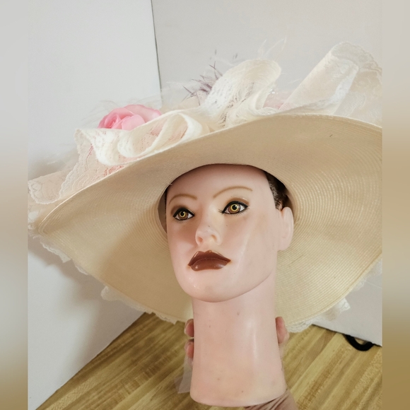 Recollections Victorian Hat Pink Rose Lace Wide Brim Feather Kentucky Derby - Picture 6 of 12